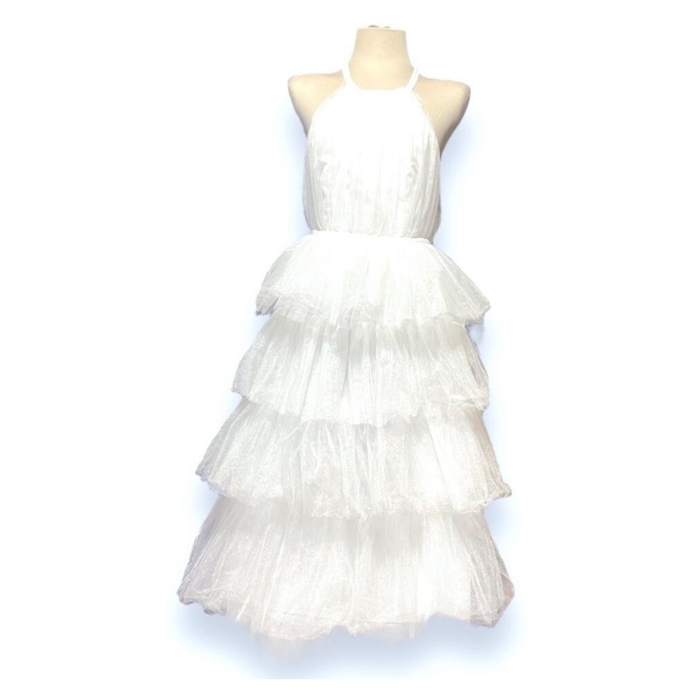 nwt! Lulus Magical Evenings White Tulle Halter Neck Tiered Midi Dress